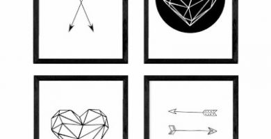 lamina de estilo nordico en blanco y negro, corazones, flechas, Formas geometricas